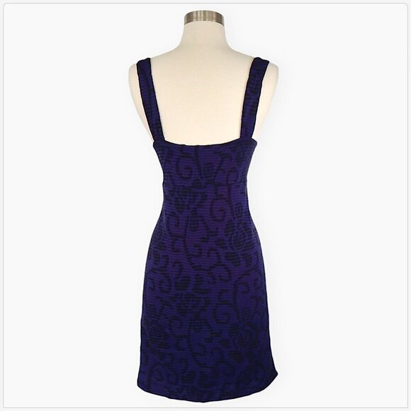 Free People Purple Black Floral Textured Stretch Knit Empire Sleeveless Dress L - Picture 4 of 5